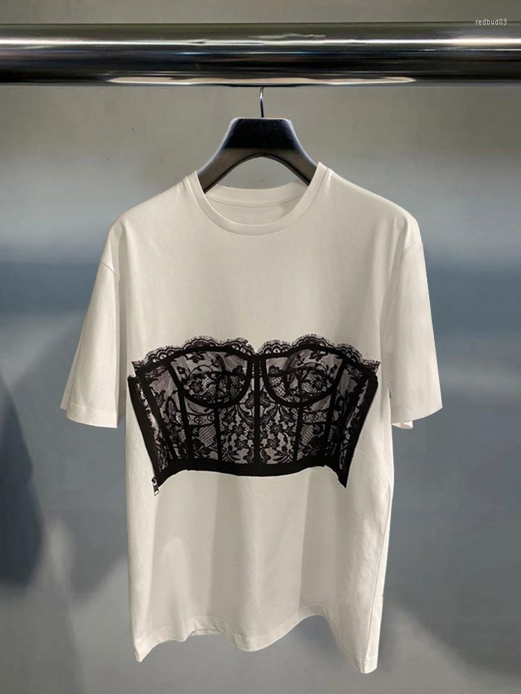 Women's T Shirts High Quality Women Round Neck Top Women's 22 Early Spring Body Lace Bra Front And Back Printed Short Sl