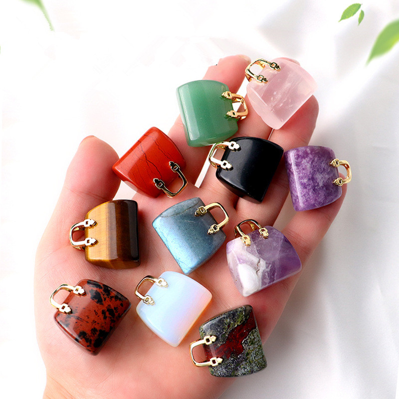 Natural Stone Mini Bag Charms Ornament Healing Crystal Reiki Gemstone Tiger's Eye Rose Quartz Pendant Crafts Home Decoration Gift