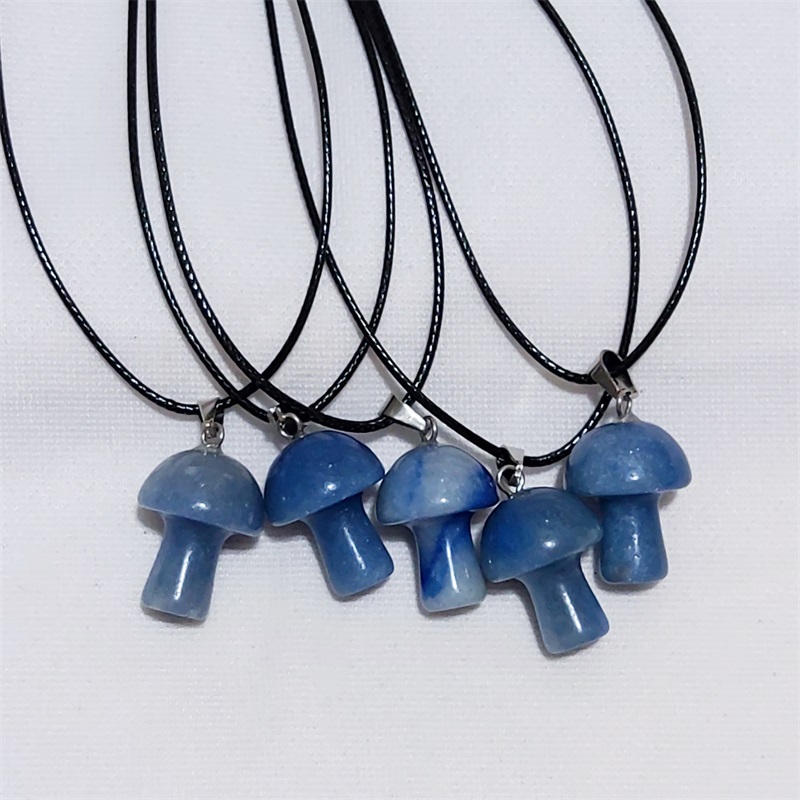 Carved Gemstones Mini Mushroom Pendant Charms Black Rope Chain Women Healing Crystals Figurine Necklace Jewelry