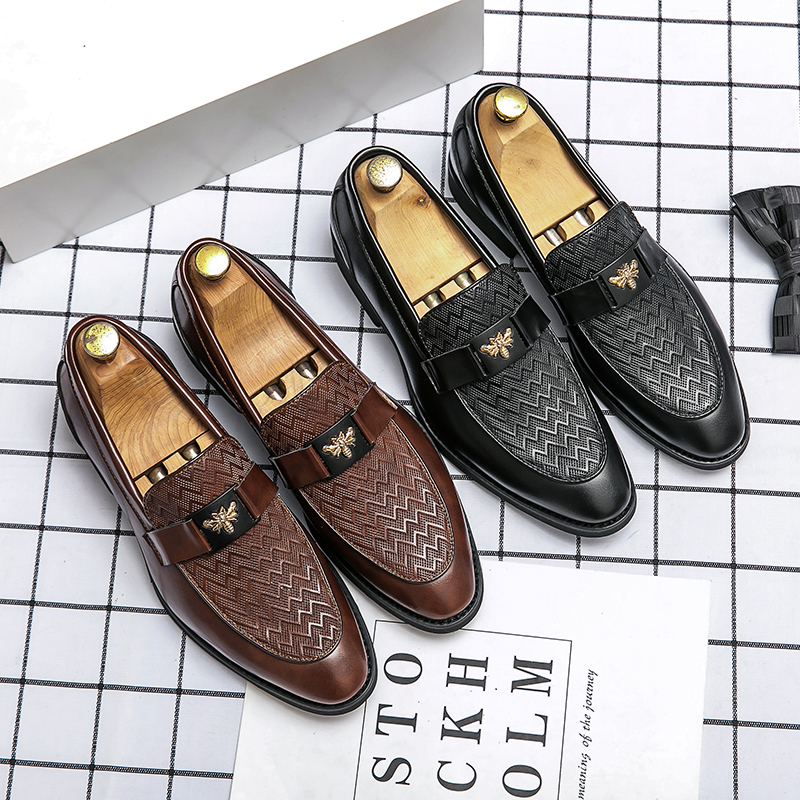 British Style Loafers Men Shoes Fashion Solid Color PU Curve Pattern Metal Belt Decoration Business Casual Daily All-match AD169