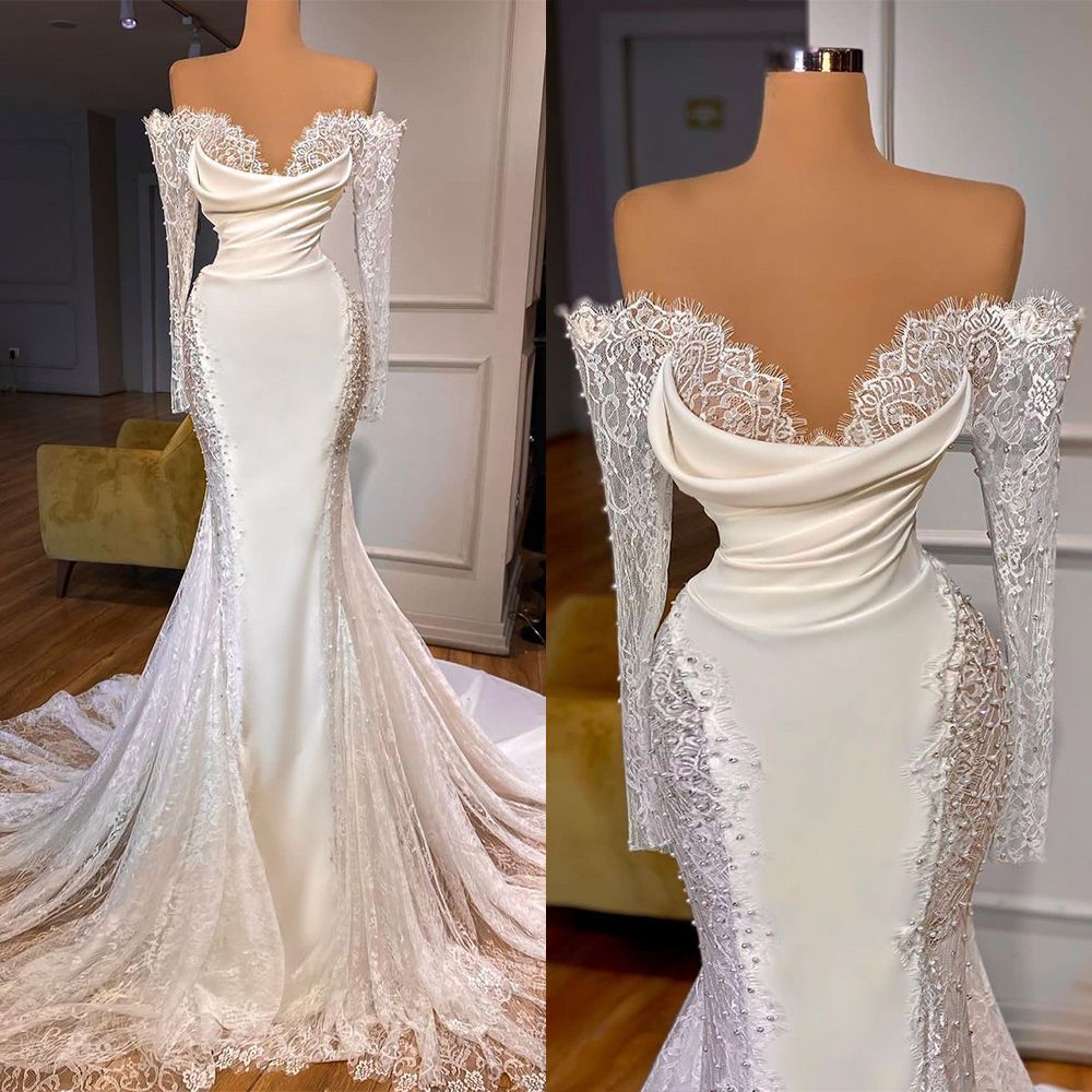 Gorgeous Mermaid Wedding Dresses Bridal Gown Lace Off The Shoulder Long Sleeves Beaded Satin Plus Size Sweep Train Custom Made Beach Vestido De Novia