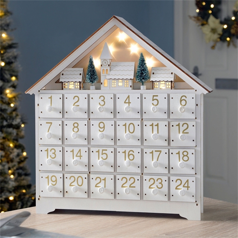 Christmas Decorations White LED 24 Day Wooden Advent Calendar Battery-Operated Light-Up 24 Storage Drawers House Home Decorate 220920