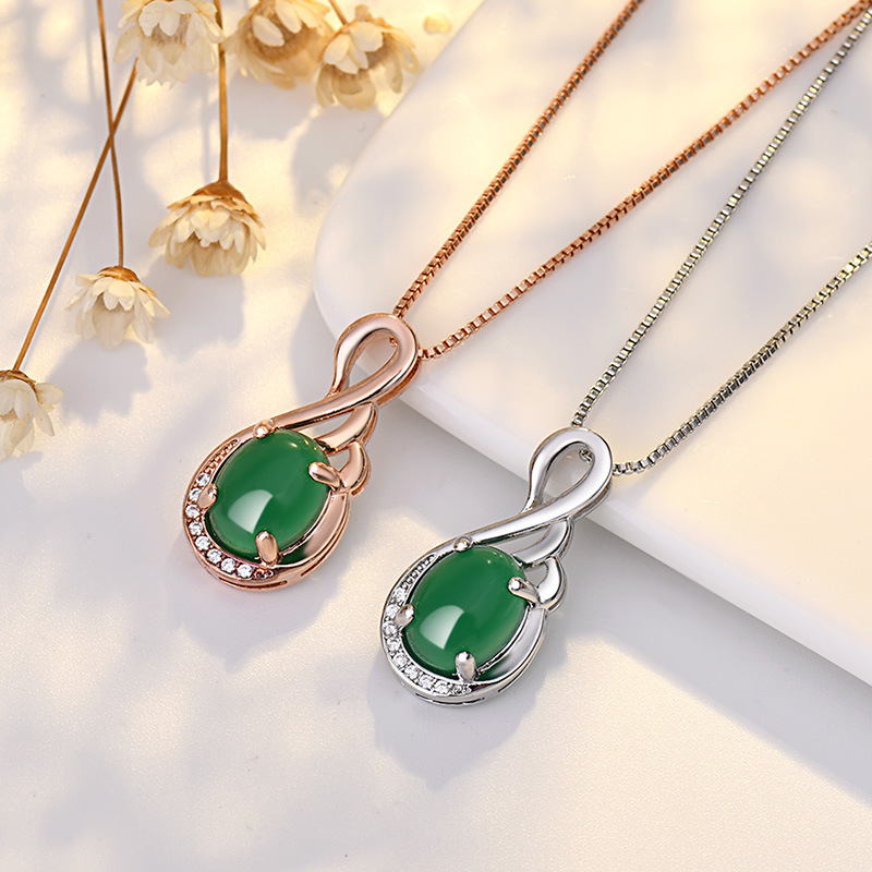 Green Oval Jade Pendant Necklace S925 Silver Plated Engagement Wedding Jewelry Christmas Gift