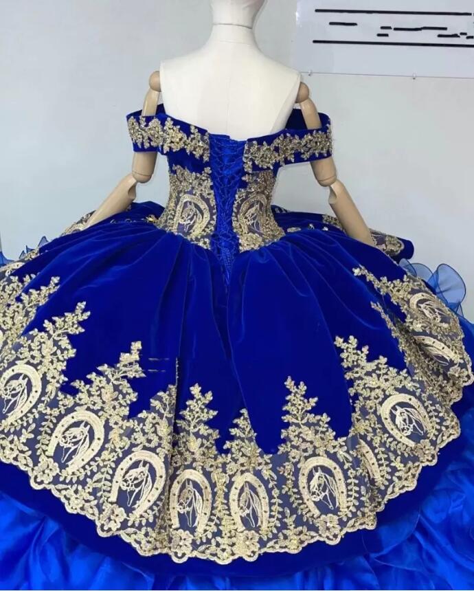 Royal Blue Quinceanera Dresses Horseshoe Lace-up corset Charro mini Mexican XV Girls Pageant Gowns Organza Prom Dress