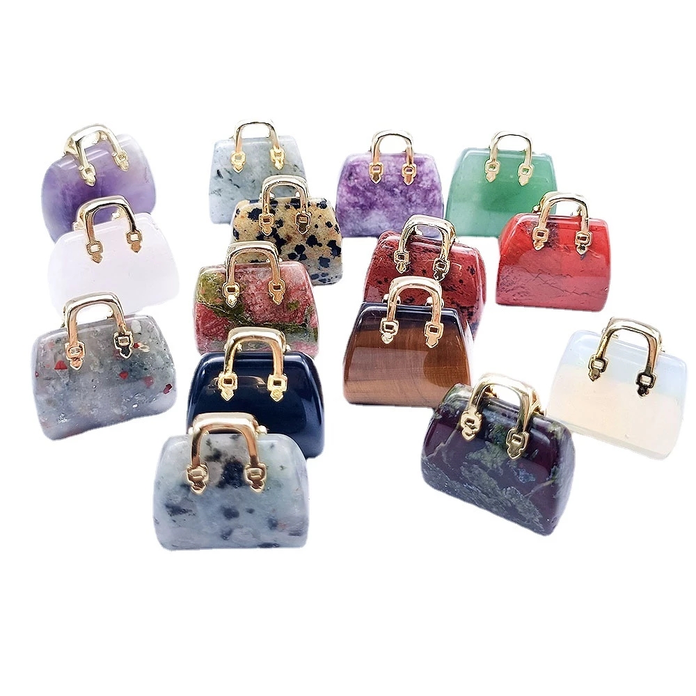 Natural Stone Mini Bag Charms Ornament Healing Crystal Reiki Gemstone Tiger's Eye Rose Quartz Pendant Crafts Home Decoration Gift