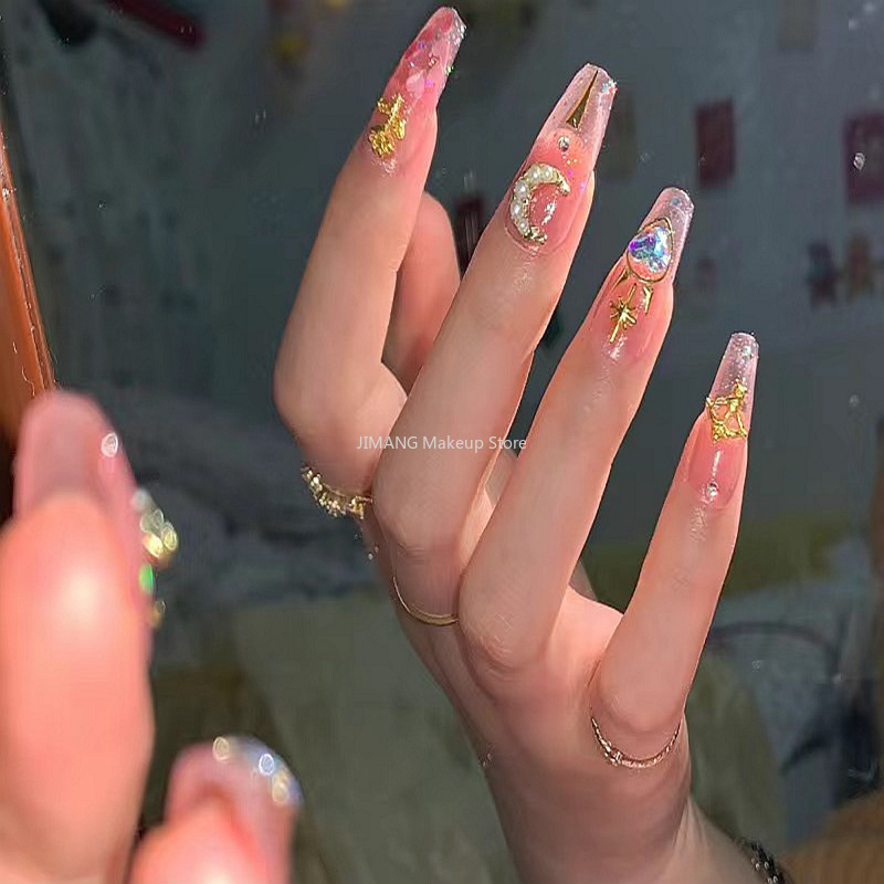 False Nails Customized Handmade Pink Glittery Fake Nail With Glue Y2K Detachable False Nails Tips Reusable Press On Nails Coffin Manicure 220921