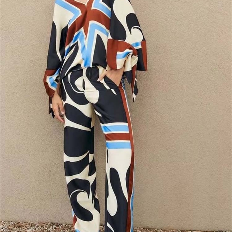 Women's Two Piece Pants Kumsvag Summer Women Print 2 pieces Sets Suits Fashion Loose Blouses Tops and Trousers Female Elegant Vacation Suit Cloth