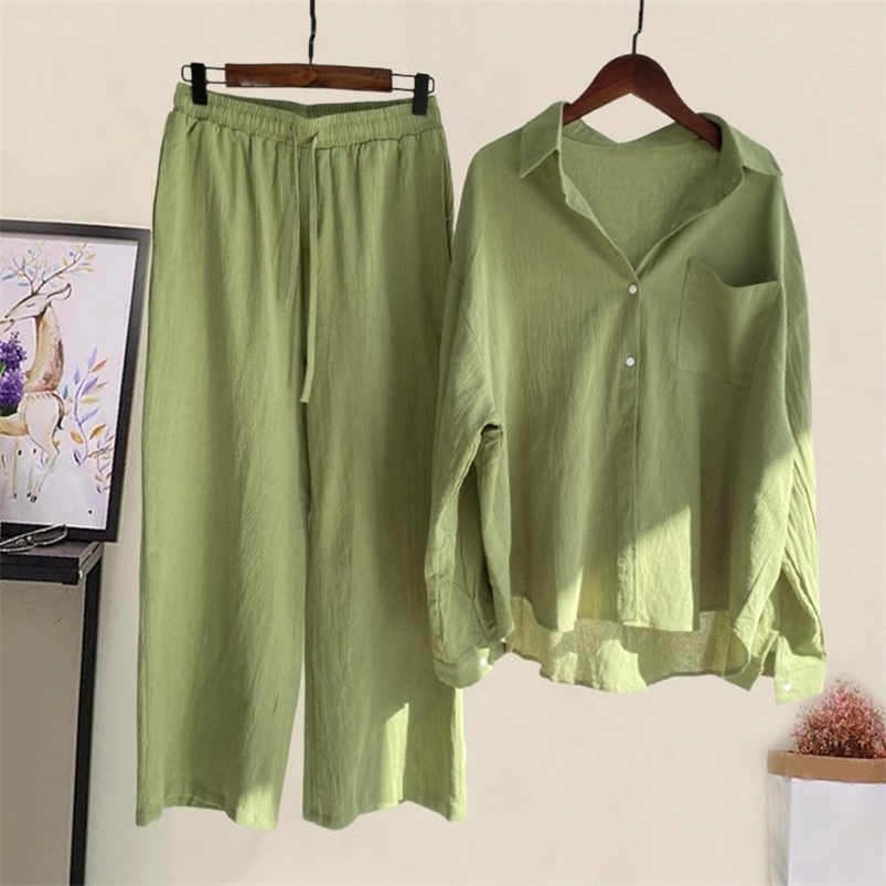 Women's Two Piece Pants Shorts Mujer Sets Women Tops Pants Suit Solid Color Loose Type Singlebreasted Elastic Waist Wide Leg Blouse Trousers Set 
