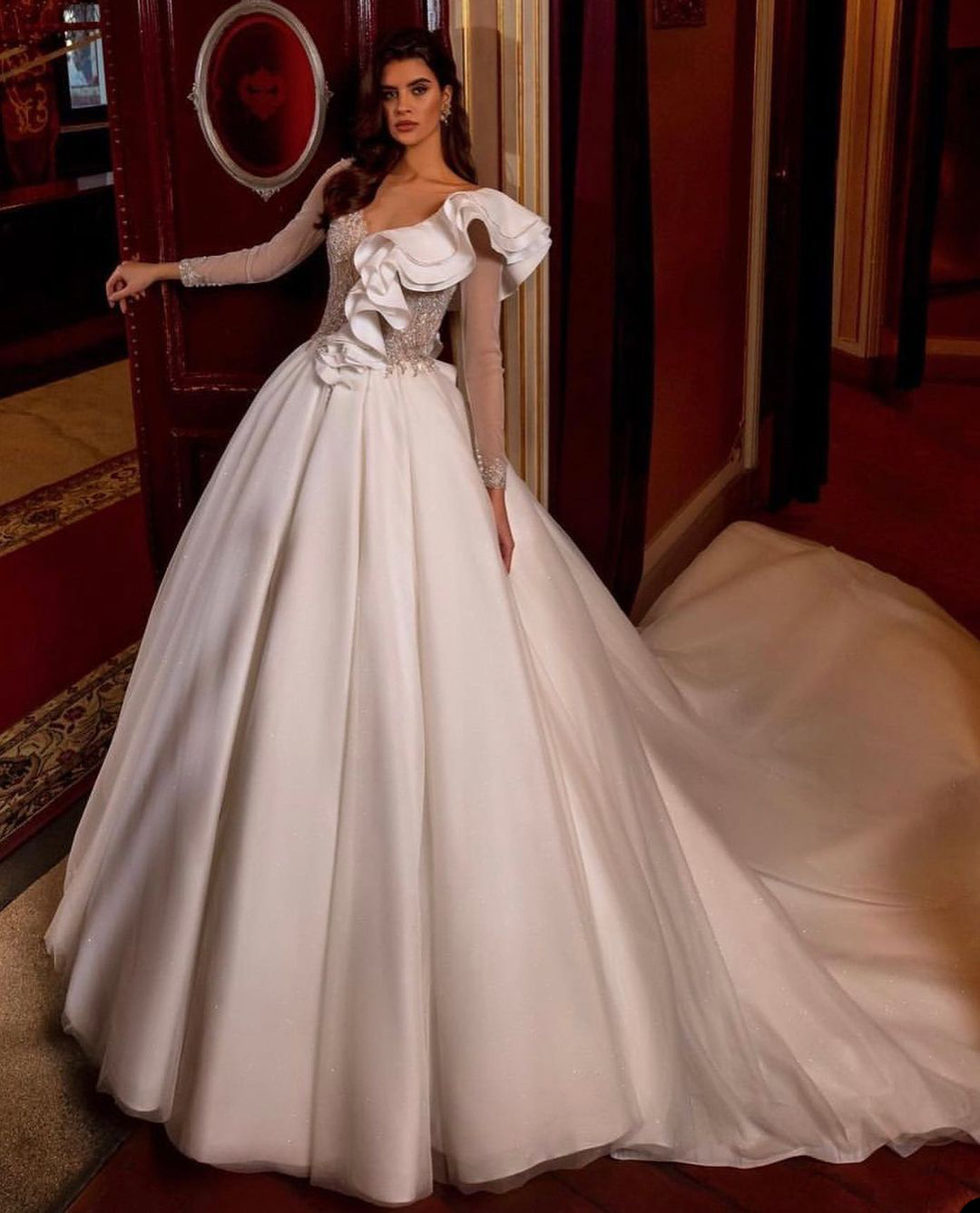 Designed White Wedding Dress Custom Made V Neck Tiered Sleeve A Line Gown Long Train Church Bridal Dresses