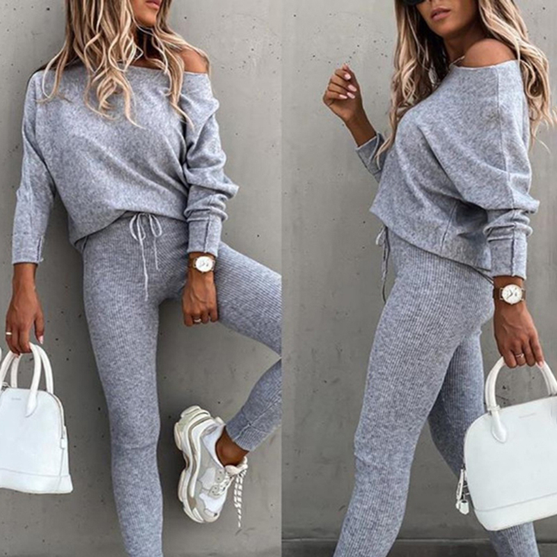 Women's Two Piece Pants Spring Set Women 2 Pieces Solid Color Fashion Skew Shoulder Long Sleeve Loose Sports Trousers Long Tight Pants Tracksuit 