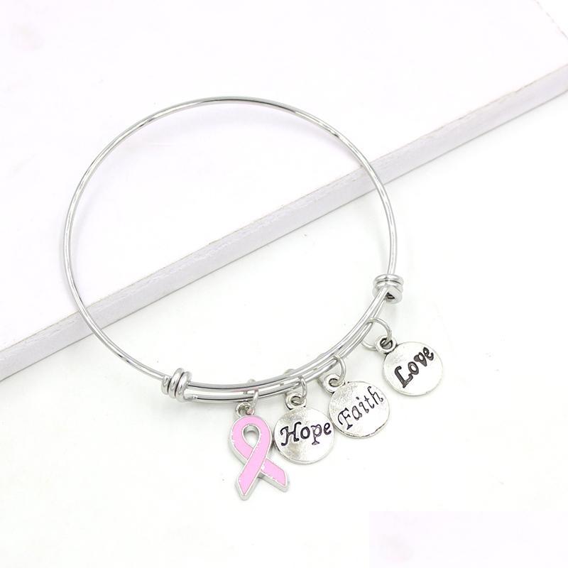 Charm Bracelets New Arrival Stainless Steel Wire Bangle Hope Faith Breast Cancer Charm Bracelets For Women Awarenesss Jewe Jewelshops Dhr5Z