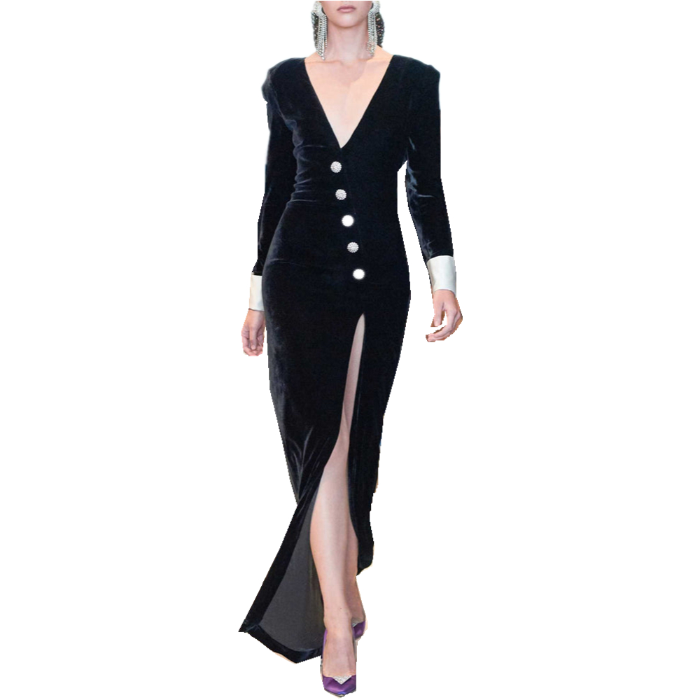 Elegant Velvet Black Evening Dresses Sheath Floor Length Deep V-Neck Side high Split Sexy Formal Occasion Gowns Long Sleeves Vintage Spring Autumn Win