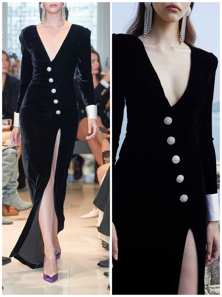 Elegant Velvet Black Evening Dresses Sheath Floor Length Deep V-Neck Side high Split Sexy Formal Occasion Gowns Long Sleeves Vintage Spring Autumn Win