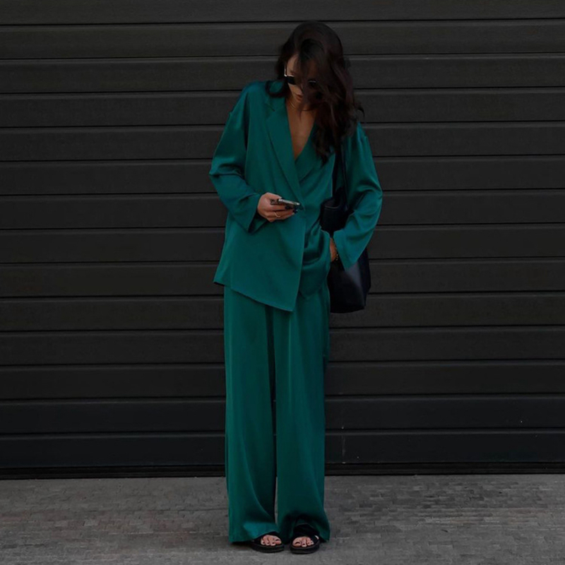 Women's Two Piece Pants Fashion Long Sleeve Blazer Two Piece Sets Women Outifits Casual Loose Office Pants Set Elegant Green Satin Trouser Suits 