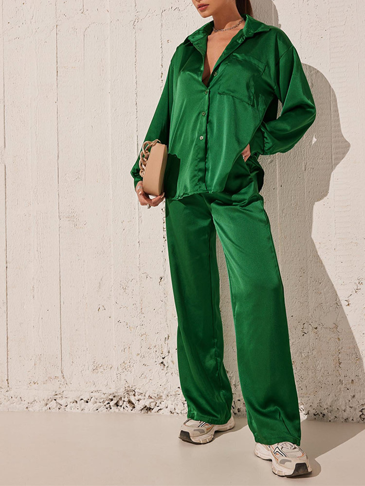Women's Two Piece Pants Women Casual Satin 2 Piece Set Elegant Soild Female Home Suits Turndown Collar Pocket Blouses And High Wasit Trousers Tra