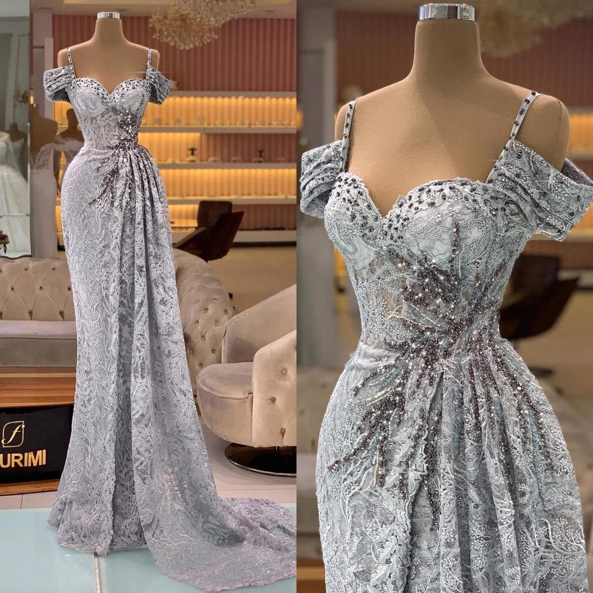 Sexy Mermaid Grey Prom Dresses Lace Appliques Spaghetti Straps Party Dresses Beading Custom Made Evening Dress