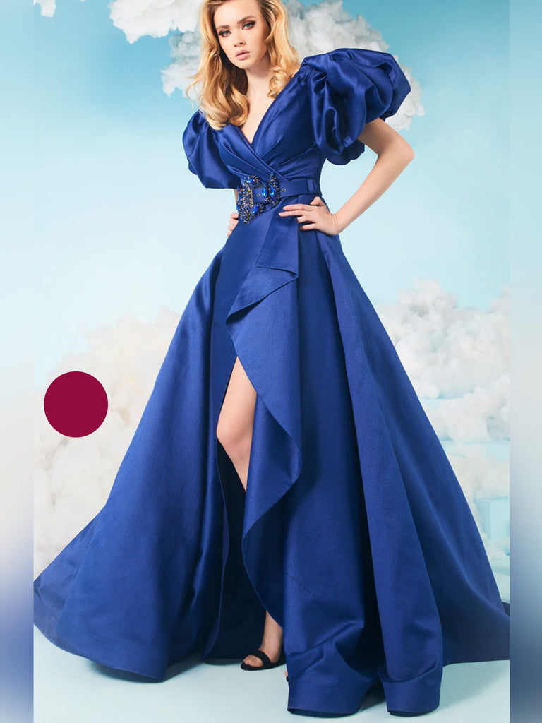 Elegant Slit Sheath Celebrity Evening Dresses With Detachable Skirt V-Neck Dark Navy Prom Gowns Short Lantern Sleeve Simple Satin Red Carpet Dress
