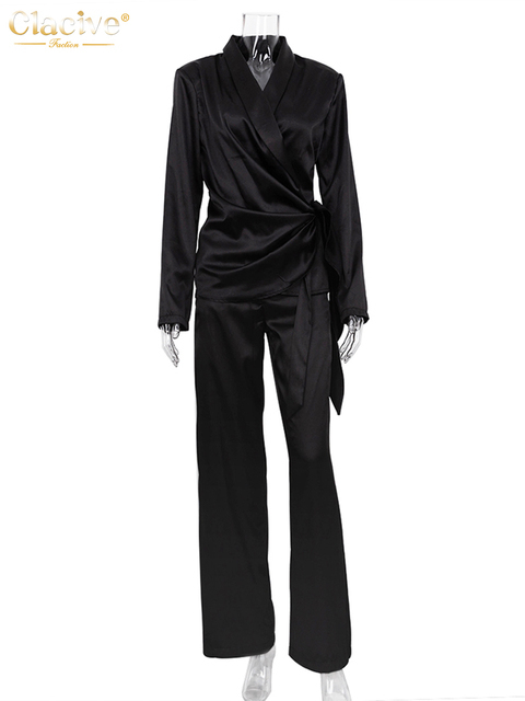 Women's Two Piece Pants Clacive Balck Casual Satin Women Sets Autumn Long Sleeve Blazers With Wide Leg Pants Set Elegant LaceUp 2 Piece Trousers 