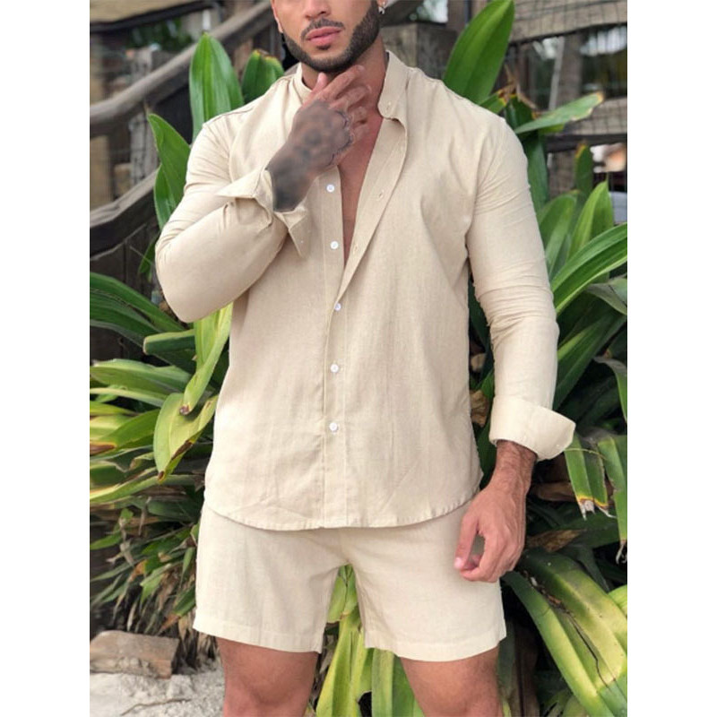 Men's Tracksuits Men Hawaiian Sets Beach Summer Long Sleeve Stand Collar Shirt Board Shorts 2 Pieces Streetwear Cotton Linen Men Sets 220922
