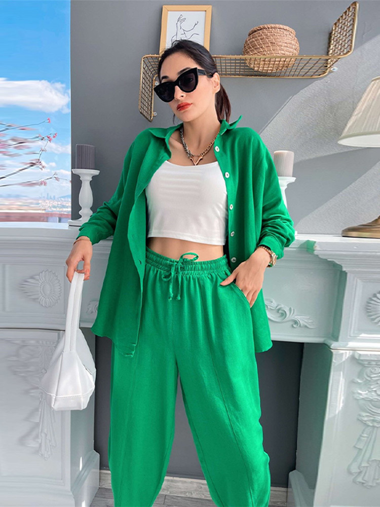 Women's Two Piece Pants Oversized Shirt Tops Harem Pants Sets Women Long Sleeve Shirts Matching 2 Piece Set Casual Spring Single Breasted Top Sui