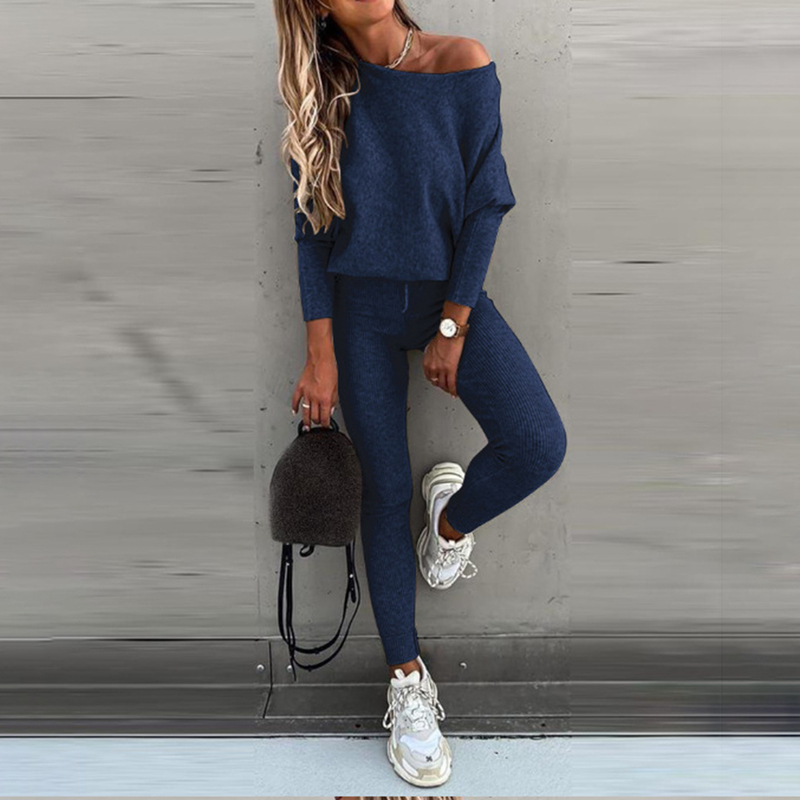 Women's Two Piece Pants Spring Set Women 2 Pieces Solid Color Fashion Skew Shoulder Long Sleeve Loose Sports Trousers Long Tight Pants Tracksuit 
