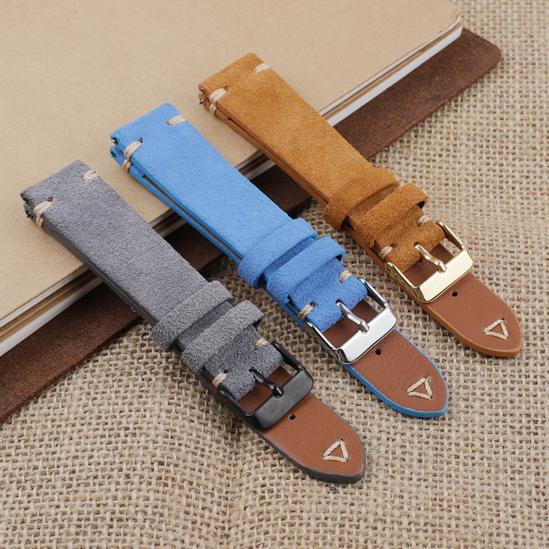 Watch Bands Suede Leather Watch Strap 18mm 19mm 20mm 22mm Blue Grey Vintage Watch Band Replacement Wristband Handmade Stitching Watchband 220921