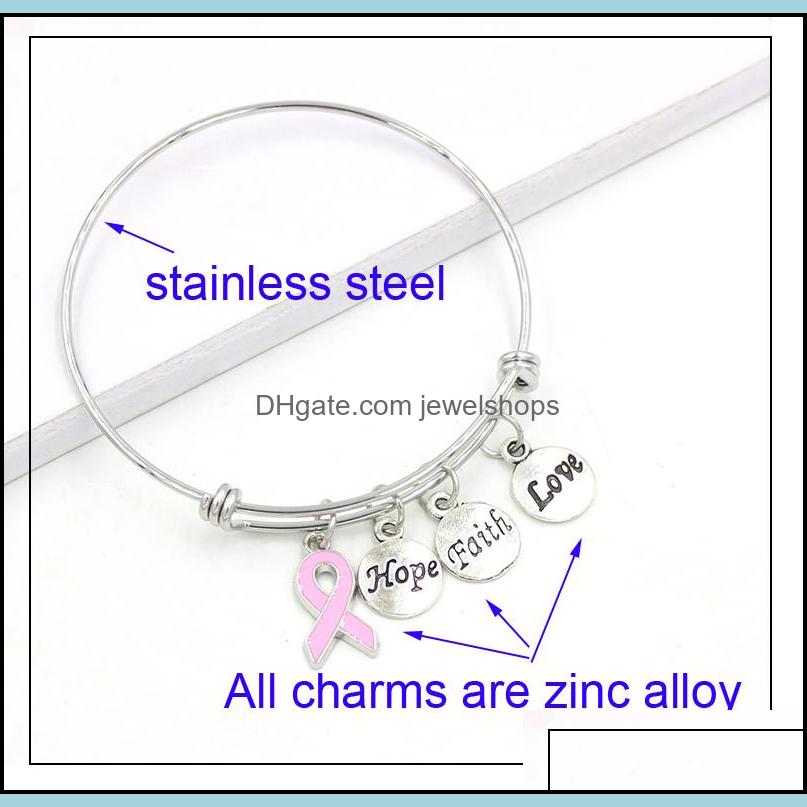 Charm Bracelets New Arrival Stainless Steel Wire Bangle Hope Faith Breast Cancer Charm Bracelets For Women Awarenesss Jewe Jewelshops Dhr5Z