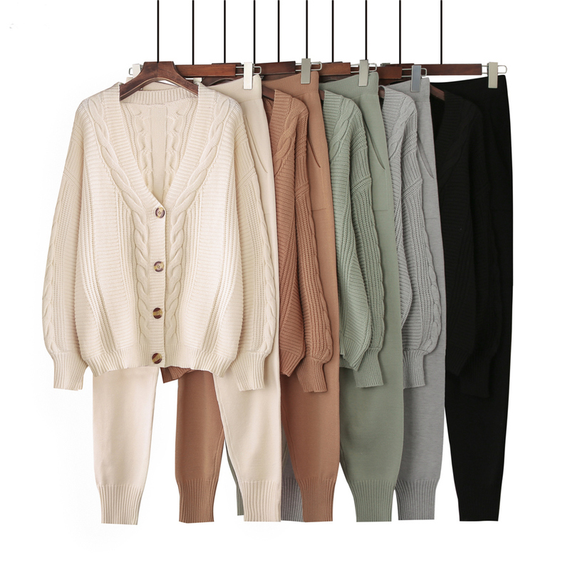 Women's Two Piece Pants Women Knitting 2pieces sweater Suit Hemp Flower Vneck SingleBreasted cardiganPants lady winter sweater Set Winter Tracksu