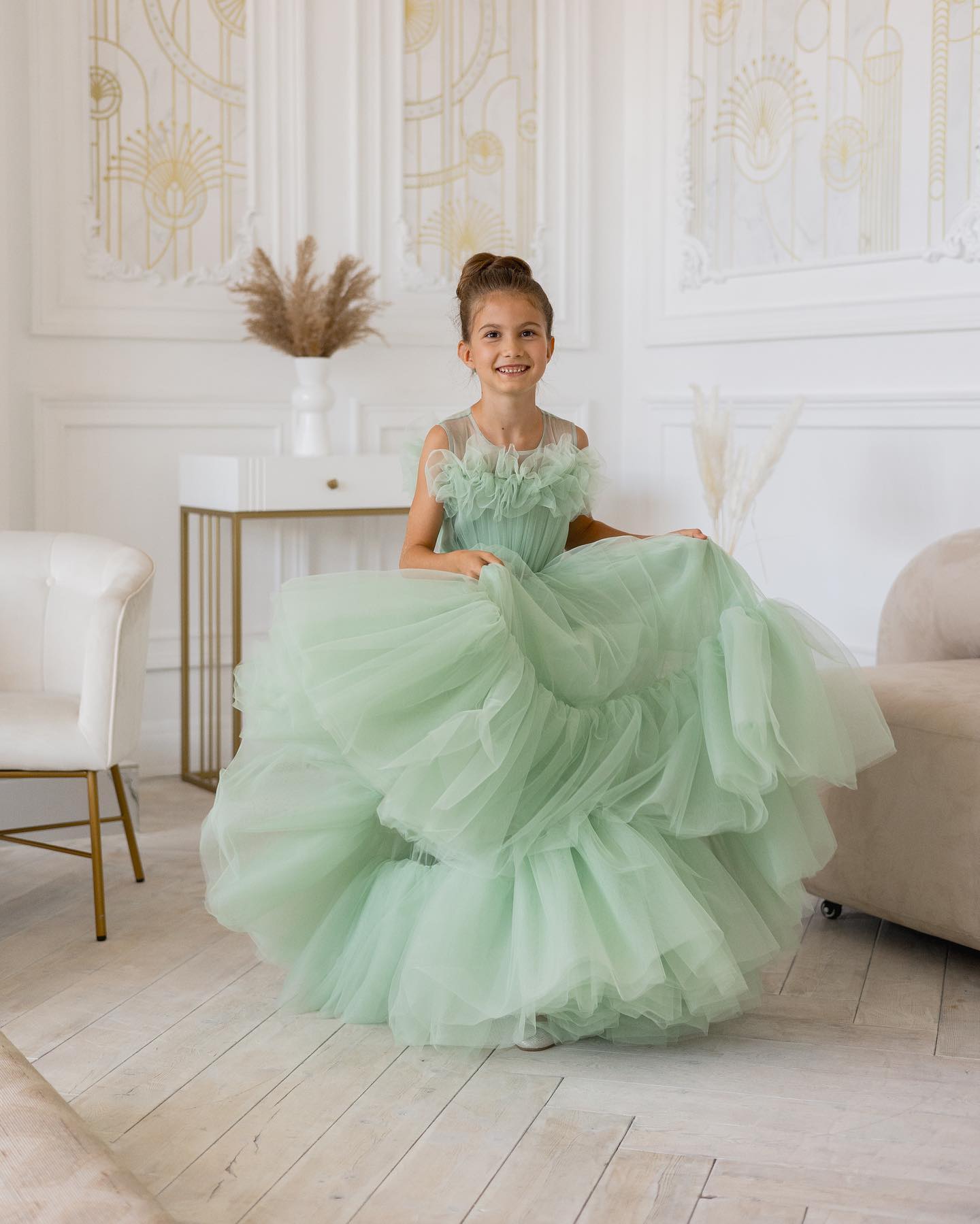 Mint Green Tulle Flower Girls Dresses For Weddings Ruffles Pageant Dresses Photoshoot Little Girl First Communion Dress