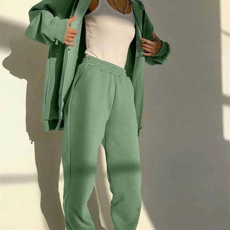 Women's Two Piece Pants Women Zip Up Hoodie Two Pieces Set Casual Solid Color Long Sleeve Pocket Coats Trousers Suit Autumn Sport Street Female O