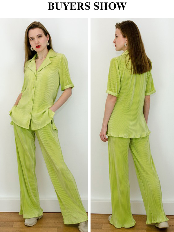 Women's Two Piece Pants Clacive Summer Short Sleeve Shirts Set Woman 2 Pieces Sexy Green Pleated Trouser Suits Female Casual High Waist Wide Pant