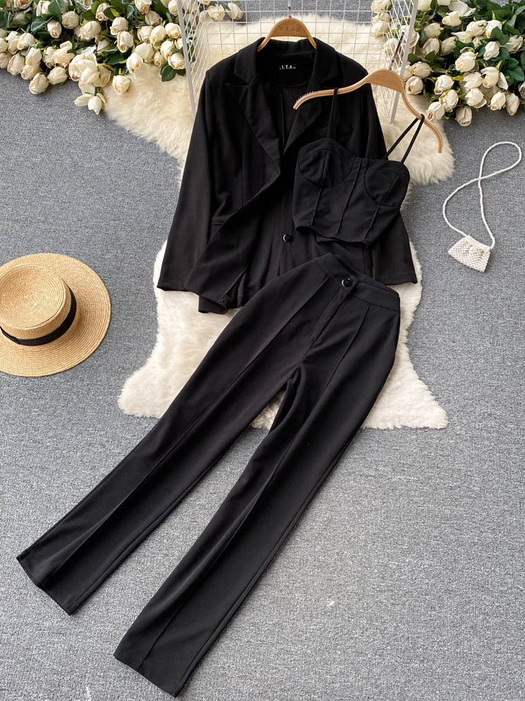 Women's Two Piece Pants Women Elegant Blazer Three Piece Sets Sexy Tank Tops Loose Jacket and Slim High Waisted Long Pants Suits Woman Outfits 22