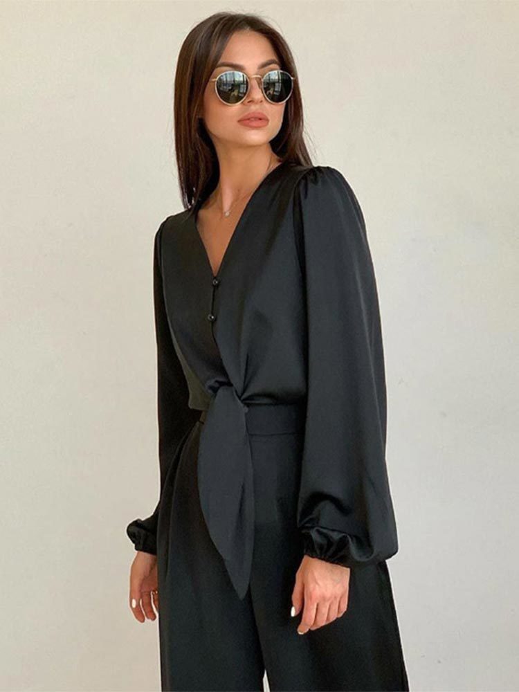 Women's Two Piece Pants Summer Women Fashion Black Satin Pant Suits VNeck Long Sleeve Blouse Matching Wide Trousers Suit Casual Slim Two Piece Se
