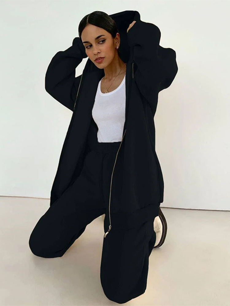 Women's Two Piece Pants Women Zip Up Hoodie Two Pieces Set Casual Solid Color Long Sleeve Pocket Coats Trousers Suit Autumn Sport Street Female O