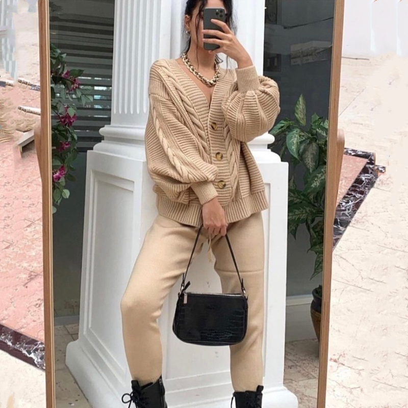 Women's Two Piece Pants Women Knitting 2pieces sweater Suit Hemp Flower Vneck SingleBreasted cardiganPants lady winter sweater Set Winter Tracksu