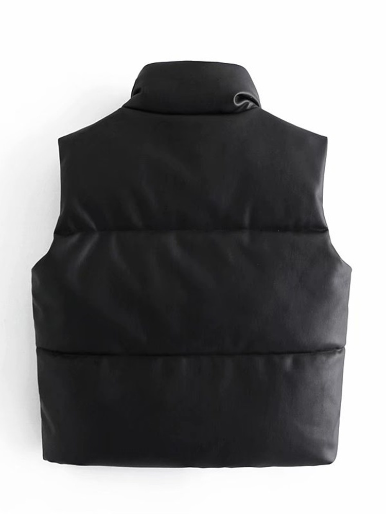 Women's Vests TRAF Women Fashion Leather Cotton Pocket Padded Waistcoat Vintage Sleeveless Female Outerwear Streetwear 220922