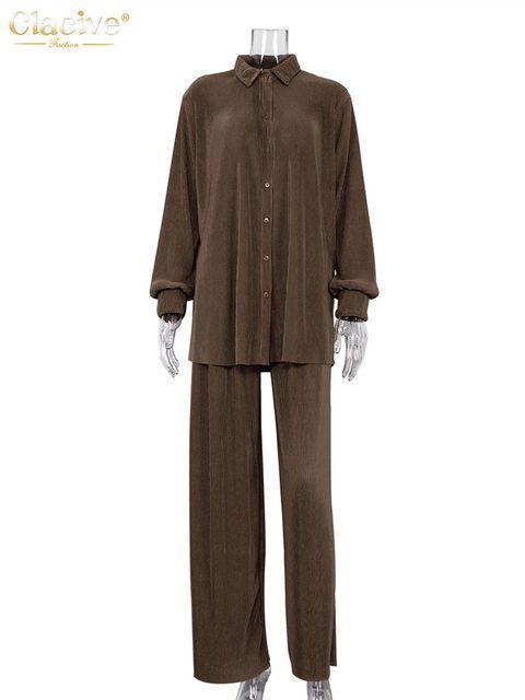 Women's Two Piece Pants Clacive Casual Loose Shirts Pants Set Woman 2 Pieces Elegant Brown High Waist Pant Suits Fashion Pleated Home Wide Trouse