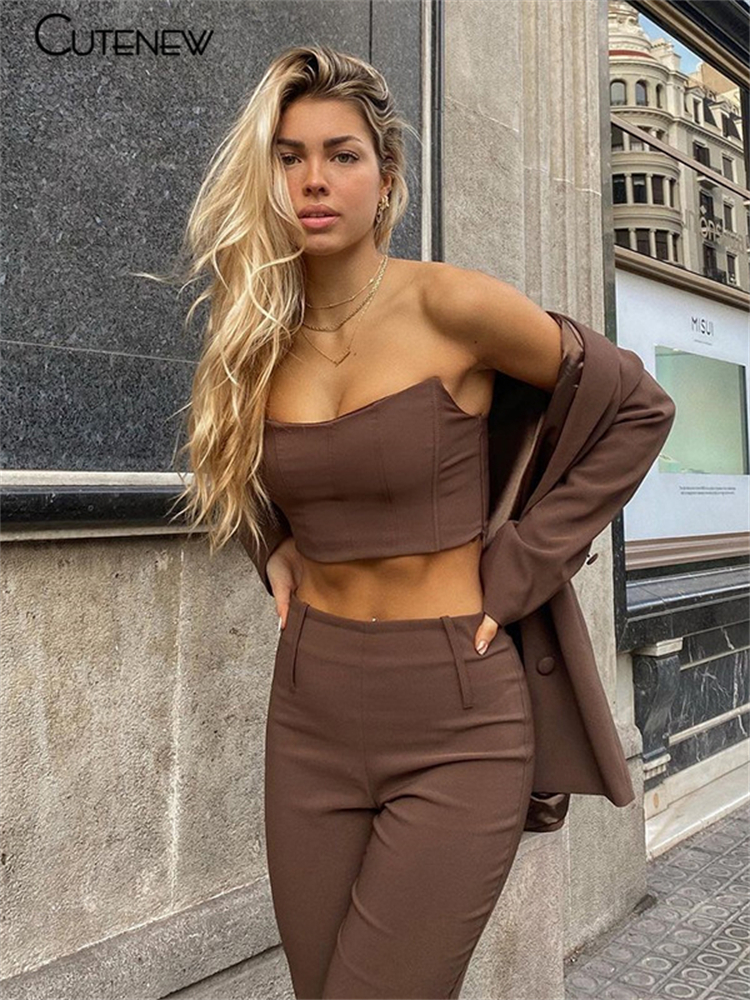 Women's Two Piece Pants Cute Y2K Elegant Trend Two Piece Sets Women Strapless TopHighWaist StraightLeg Pants Brown Solid Casual Streetwear Outfit