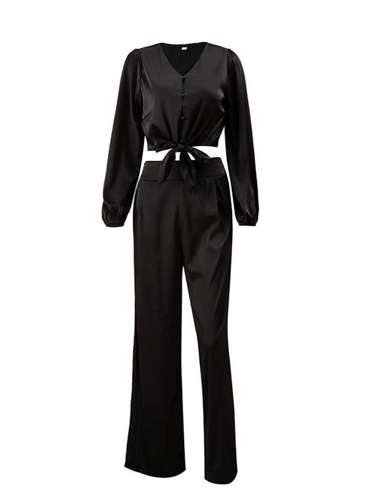 Women's Two Piece Pants Summer Women Fashion Black Satin Pant Suits VNeck Long Sleeve Blouse Matching Wide Trousers Suit Casual Slim Two Piece Se