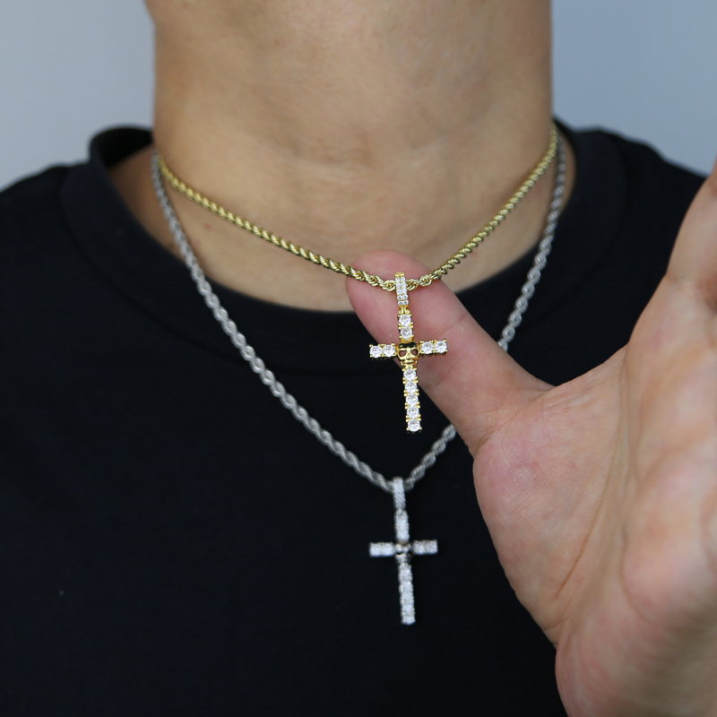 Iced Out Men Cross Pendant Paved 5A Cz Stone Plated Gold Silver Color with Rope Chain Hip Hop Jewelry Wholesale Factory Price