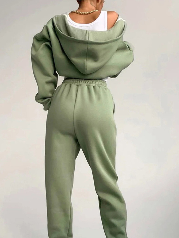 Women's Two Piece Pants Women Zip Up Hoodie Two Pieces Set Casual Solid Color Long Sleeve Pocket Coats Trousers Suit Autumn Sport Street Female O