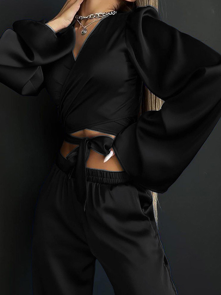 Women's Two Piece Pants Solid Satin Shirt Two Piece Women Set VNeck Flared Long Sleeve LaceUp Top High Waist Pant Female Sets Fashion Casual Lady