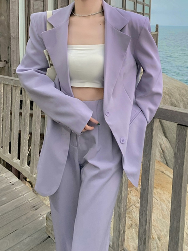 Women's Two Piece Pants Spring Summer Women Blazer Pantsuit Long Sleeve Jacket Pants Two Piece Set Female Fashion Business Casual Purple Trousers