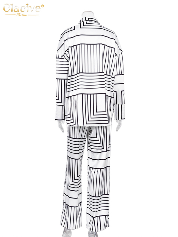 Women's Two Piece Pants Clacive Casual Print High Waist Pants Sets Women Elegant Loose Long Sleeve Blouse Home Two Piece Set Fashion Wide Trouser