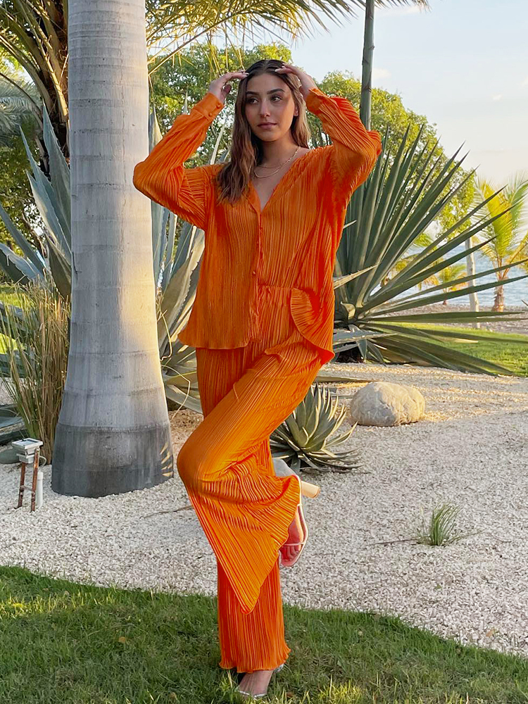 Women's Two Piece Pants Mnealways18 Pleated Fashion 2 Piece Women Wide Leg Trouses Suits And Drap Shirt Ladies Outfits 2yk Straight Long Pants Se