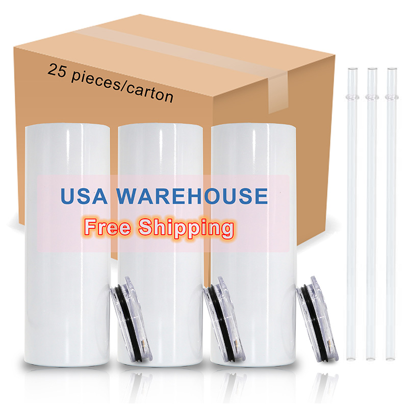 USA STOCK White Blank 20oz Sublimation Straight Tumbler Insulated Cylinder Water Cup DIY Heat Transfer Printing Double Wall Thermos Drinkware With Plastic Straw, White 20oz straight