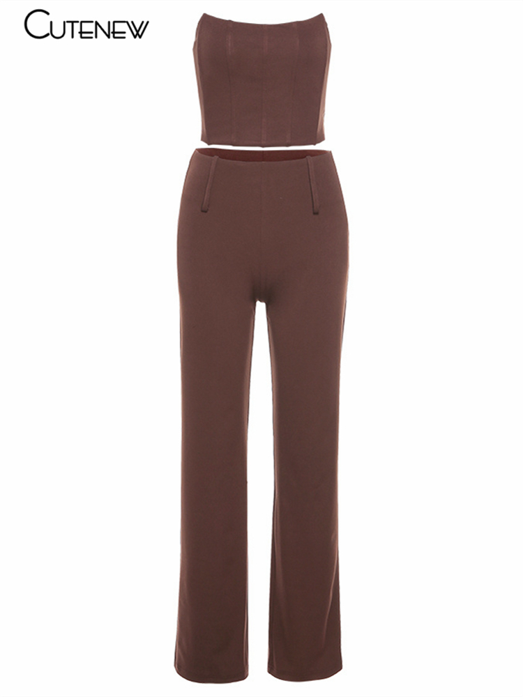 Women's Two Piece Pants Cute Y2K Elegant Trend Two Piece Sets Women Strapless TopHighWaist StraightLeg Pants Brown Solid Casual Streetwear Outfit