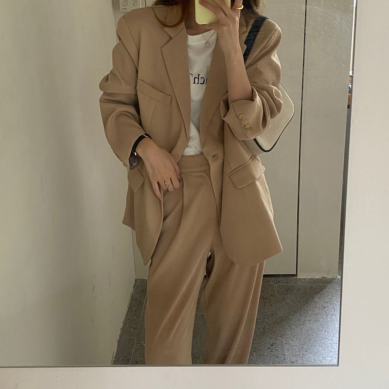 Women's Two Piece Pants HziriP Fashion Vintage Blazer Pants Suit OL Elegant Business Wear Blazers High Waist Wide Leg Pants Suits 2 Piece Set 220