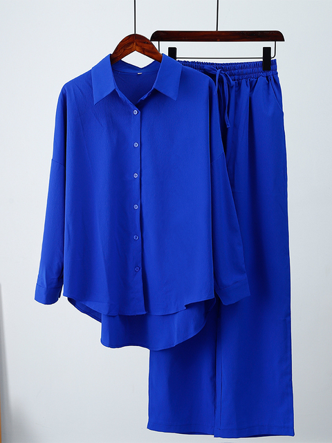 Women's Two Piece Pants Casual Women Tracksuit Shirts Pant Suit Summer Long Sleeve Shirt Wide Leg Pants 2 Pieces Set Female Lady Fashion Outfit 2