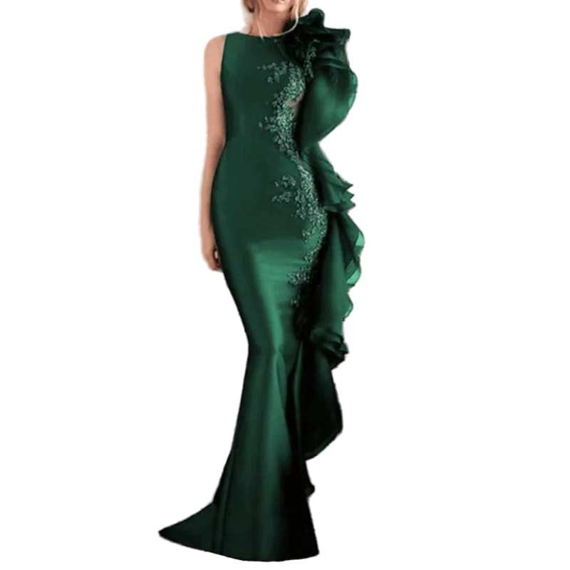 Emerald Green Mermaid Prom Dresses Ruffles Lace Appliques Sleeveless Chic Satin Formal Evening Gowns Sweep Train Fitted Long Special Occasion Dress